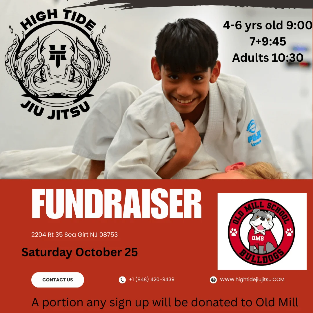 Old Mill School fundraiser flyer: a smiling student in a white gi on the mats, class times for ages 4–6 at 9:00, 7+ at 9:45 and adults at 10:30, and the Old Mill School Bulldogs logo